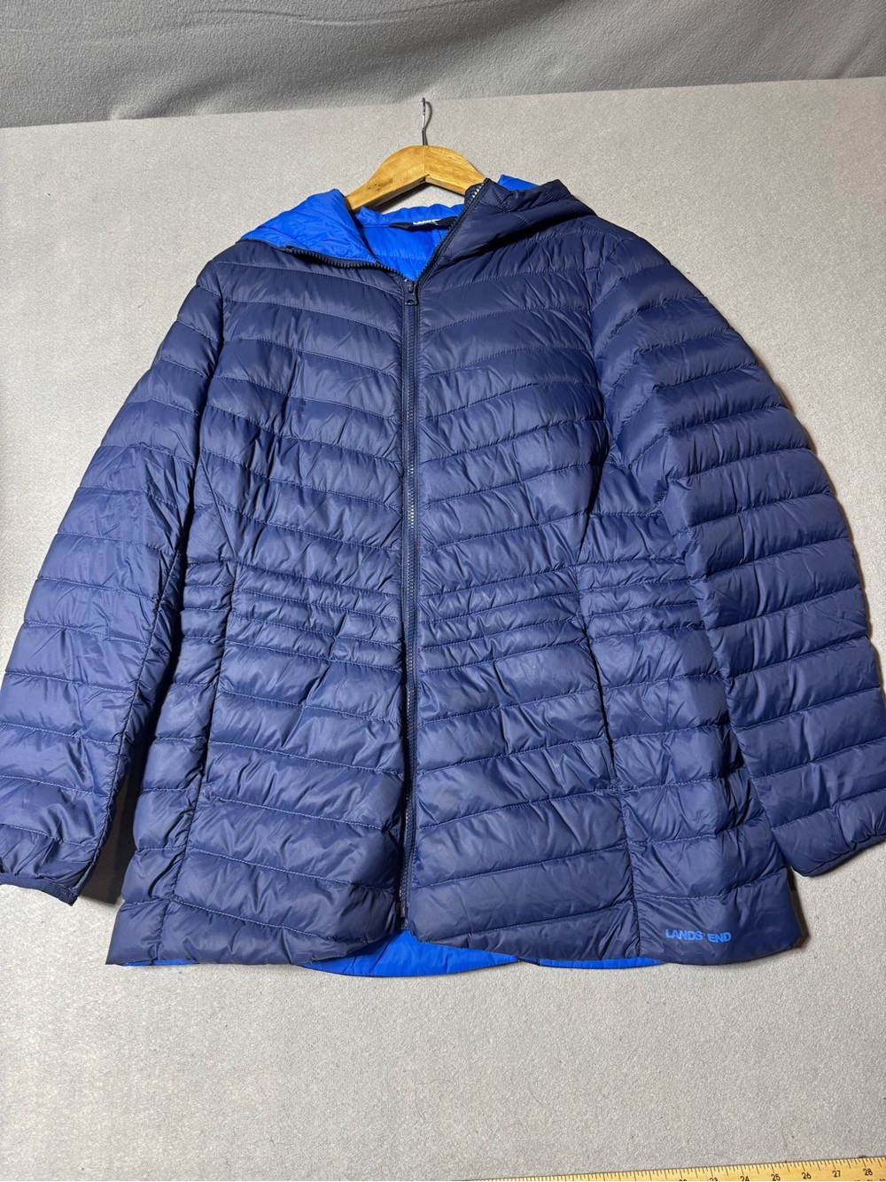 Lands' End Navy Lightweight Hooded Puffer Bright Blue Lining Size Large 14-16